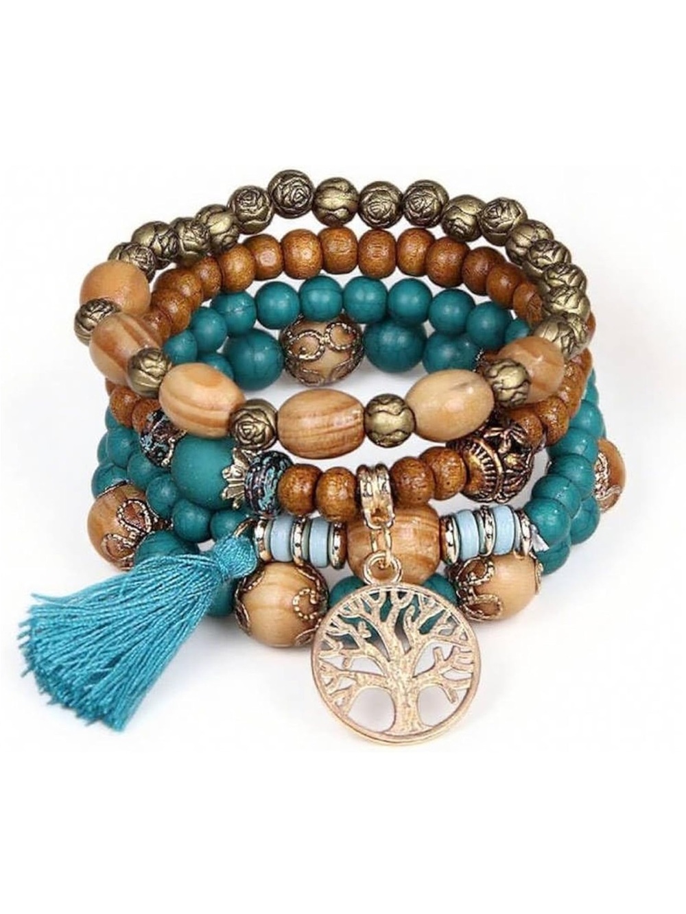 Bracelet Set Turquoise Wood Beaded Boho Tree of Life & Tassel Charm Elastic NEW